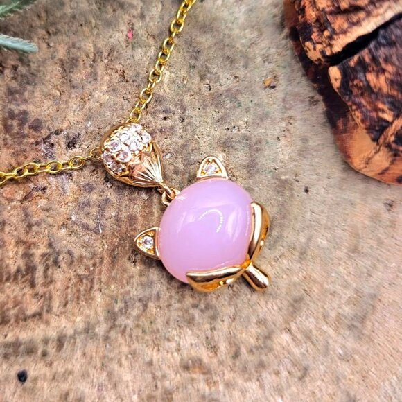 Nature Rose Quartz Gold Tone Fox Pendant Necklace - Picture 10 of 10